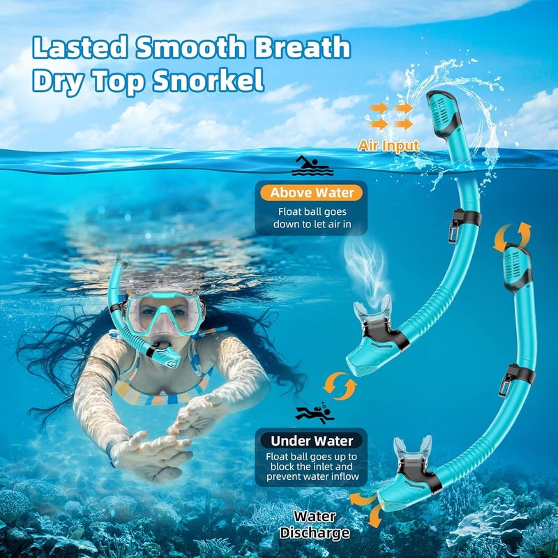 Honlanor Snorkel Set Adults Snorkeling Gear Anti-Leak and Anti-Fog Tempered Glass Lens Panoramic View Swim Mask Dry Top Snorkel Kit for Snorkeling Scuba Diving Swimming Travel with Carry Bag - Image 3